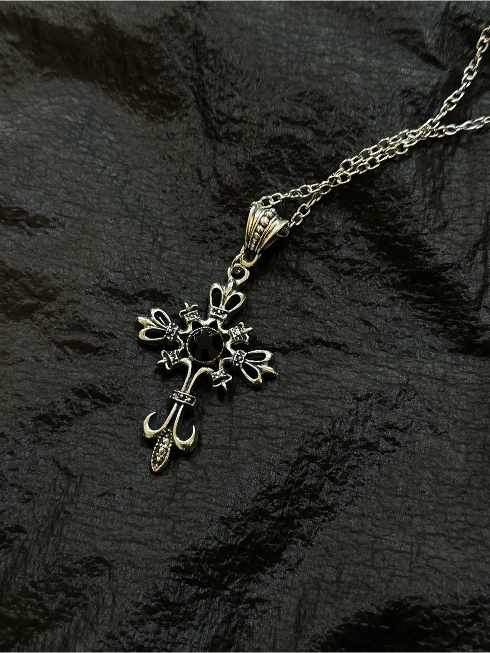 Dolls Kill Silver Cross Pendant Necklace with Black Stone
